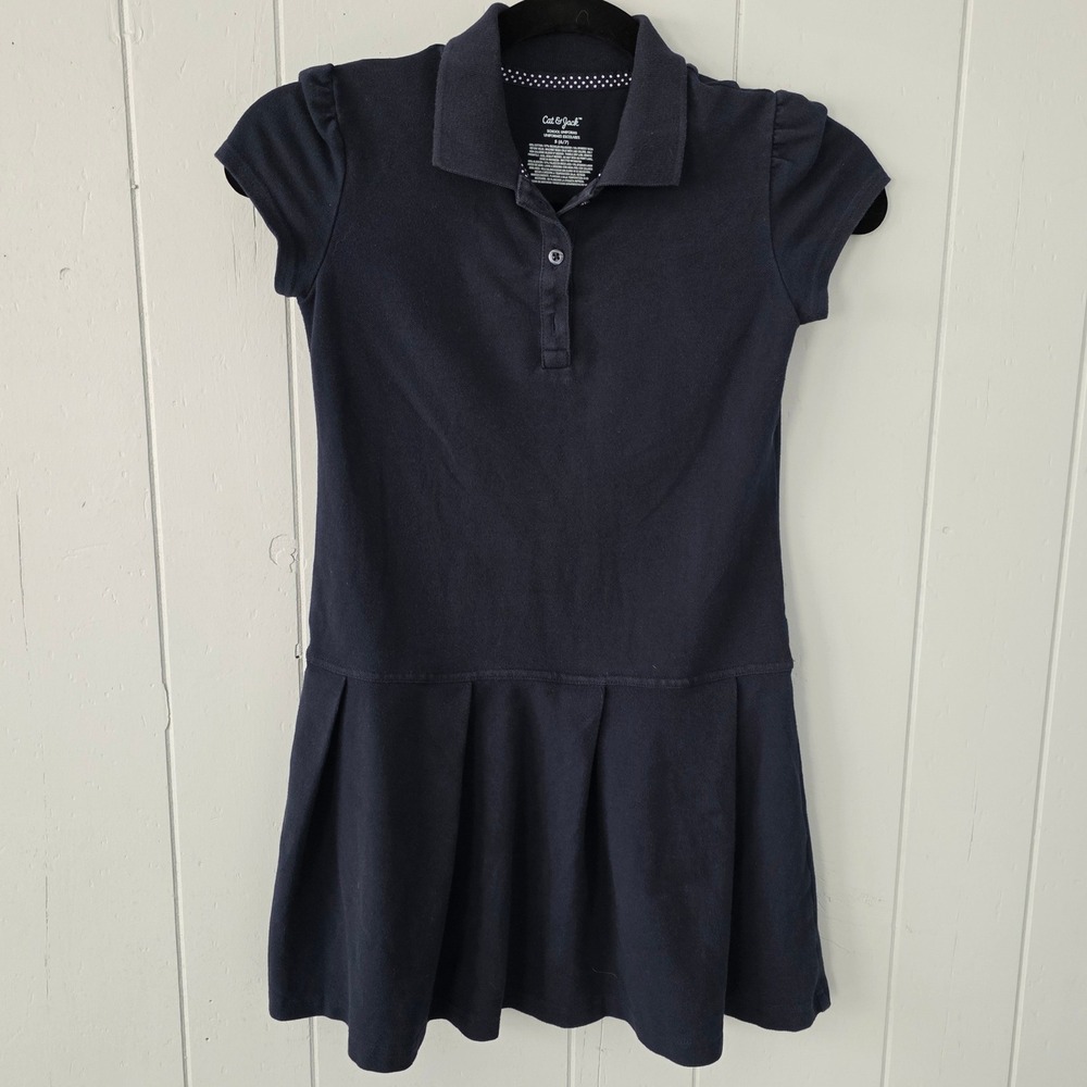 Cat & Jack Girls Navy Blue School Uniform Polo Dress Pleated Skirt Size S 6/7